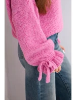 Dámský svetr s přídavkem mohéru s model 21857675 pletením a ozdobnými rukávy růžový - K-Fashion