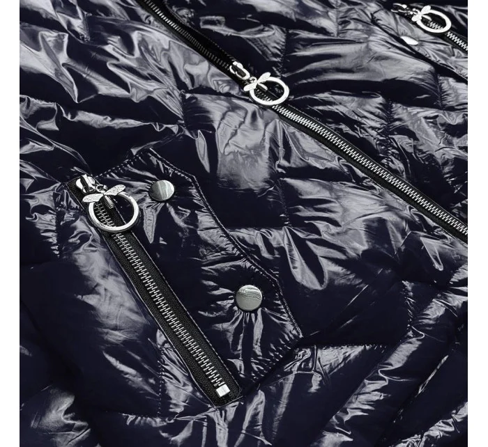 Tmavo modrá prešívaná dámska bunda s kapucňou (R9562)