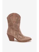 Botki Kowbojki Damskie Ze Zdobieniem Beżowe Arlissima