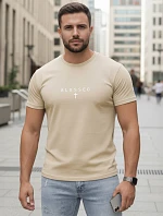 Pánske bavlnené tričko s potlačou BLESSED beige FashionStreet NX5124R