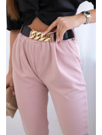 Viskózové kalhoty s ozdobným páskem pudrově růžová