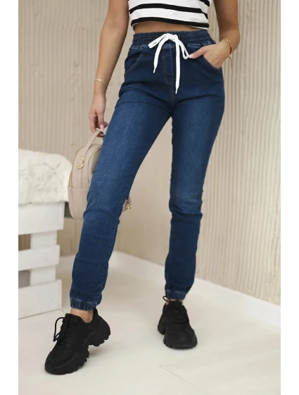 Tmavé džínsové nohavice s rebrovaným lemom