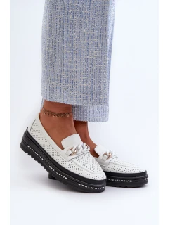 Mokasyny Damskie Skórzane Na Platformie Z Łańcuchem S.Barski LR618 Białe