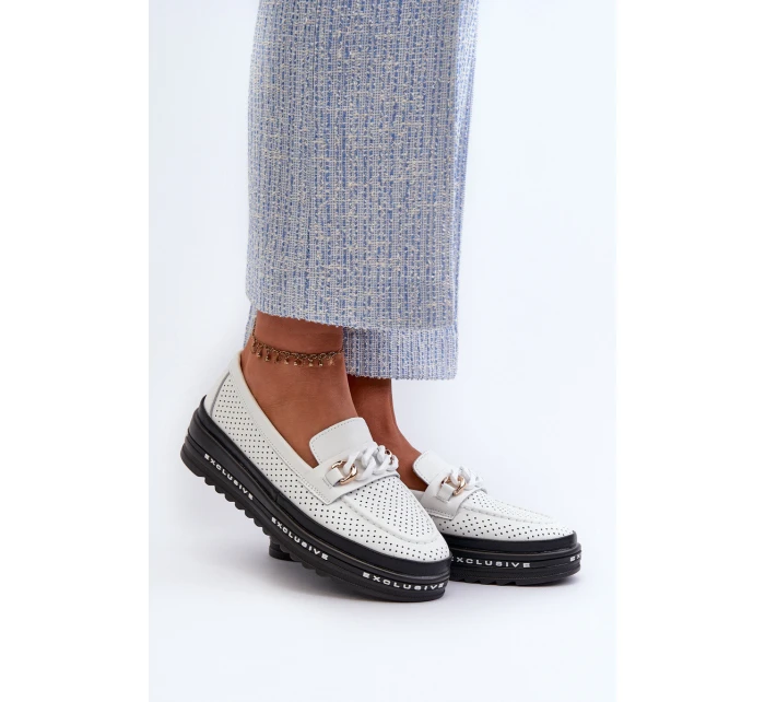 Mokasyny Damskie Skórzane Na Platformie Z Łańcuchem S.Barski LR618 Białe