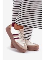 Skórzane Sneakersy Damskie Na Platformie Zazoo N1234 Beżowo-Bordowe