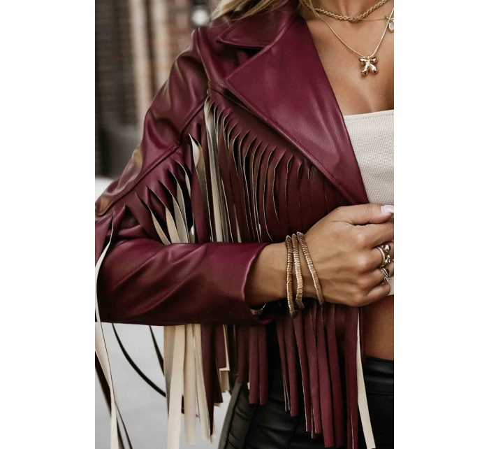 model 21337606 Krátká bunda s třásněmi z měkké ekokůže vínová - numoco basic