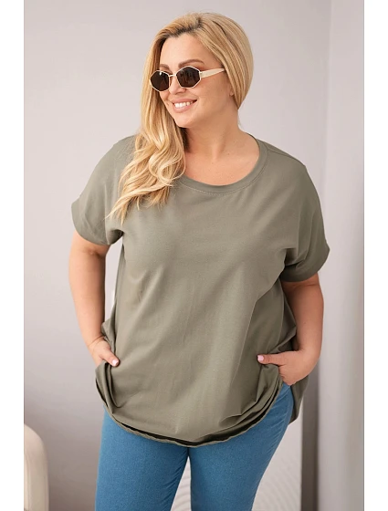 Dámske Plus veľkosť bavlnená blúzka s krátkym rukávom Khaki