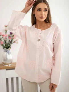 Košilová halenka s vyšívaným vzorem pudrově růžová