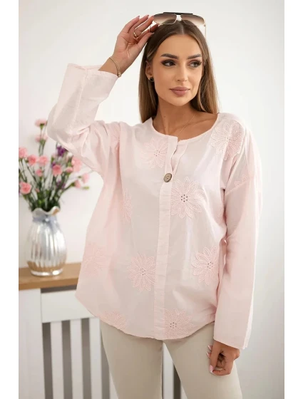 Košeľová blúzka s vyšívaným vzorom púdrovo ružová