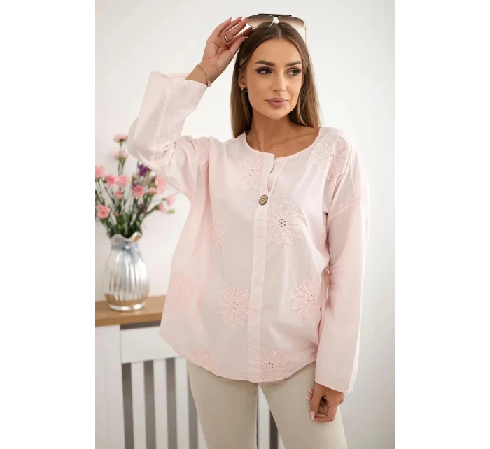 Košeľová blúzka s vyšívaným vzorom púdrovo ružová