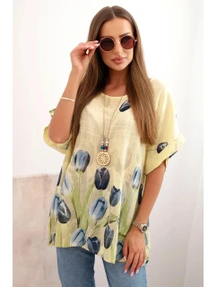 Dámske bavlnené tričko s kvetinovým vzorom žlté
