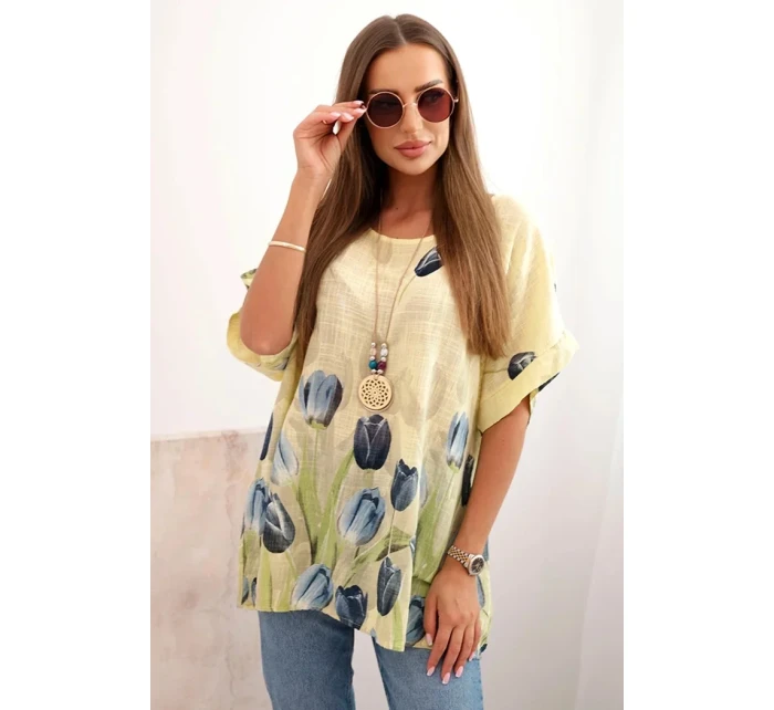 Dámske bavlnené tričko s kvetinovým vzorom žlté Dámske bavlnené tričko s kvetinovým vzorom žlté