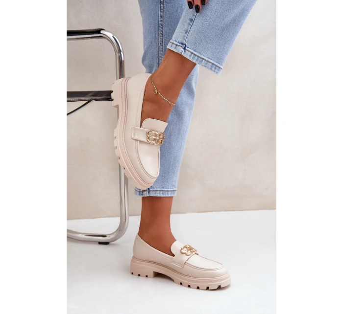 Mokasyny Damskie Ze Złotym Detalem Beżowe Trionna