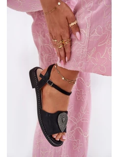 Damskie Sandały Na Płaskim Obcasie Z Ozdobą S.Barski KV51-098 Czarne