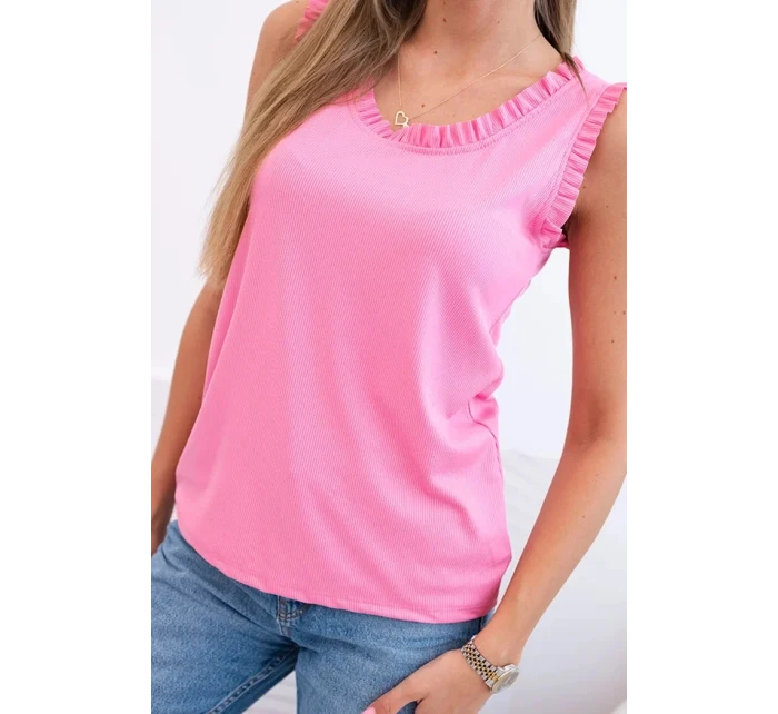 Dámska viskózna blúzka s volánovým výstrihom ružová