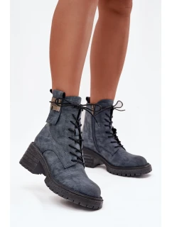 Skórzane Botki Workery Damskie Na Klocku Z Ozdobnym Detalem Artiker 57C0212 Niebieskie