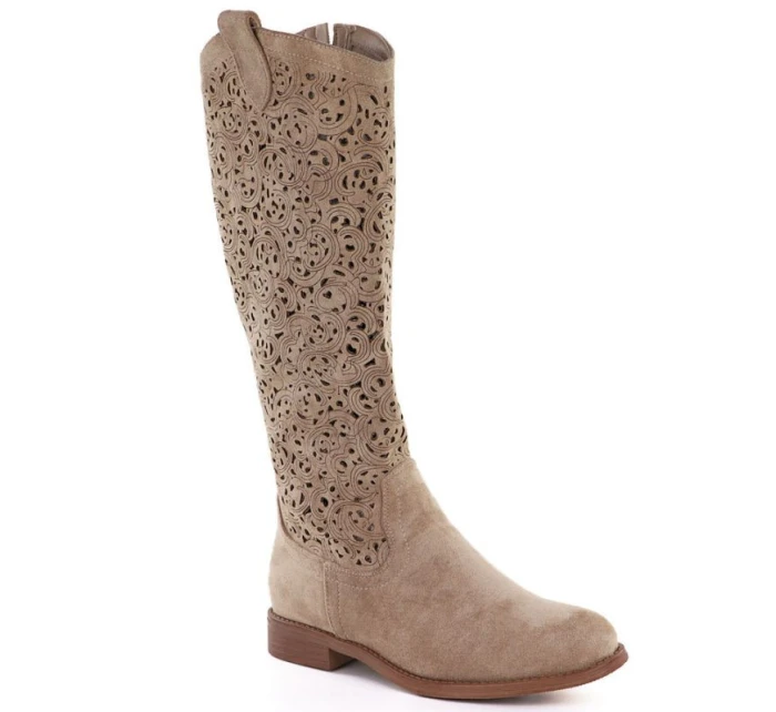 Béžové ažurové dámské kozačky model 22013131 - S.Barski