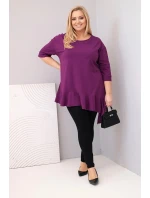 Dámske Plus veľkosť blúzka s bavlnou a volánik a roll-up rukávy tmavo fialová