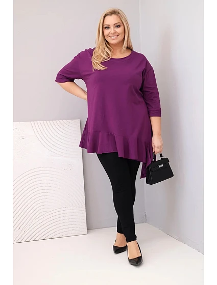 Dámská blůza Plus Size s bavlnou a volánem a ohrnovacími rukávy tmavě fialová Dámská blůza Plus Size s bavlnou a volánem a ohrnovacími rukávy tmavě fialová