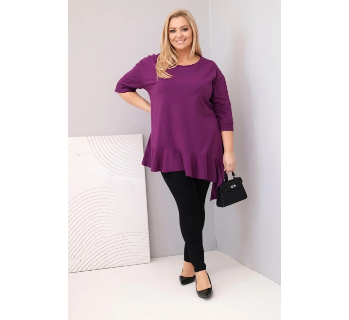 Dámske Plus veľkosť blúzka s bavlnou a volánik a roll-up rukávy tmavo fialová