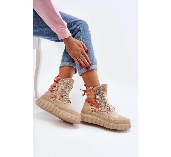 Wysokie Trampki Damskie Na Masywnej Platformie Beżowe Kernia Wysokie Trampki Damskie Na Masywnej Platformie Beżowe Kernia