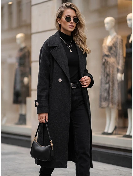 Dlhý dámsky kabát s viazaním v pase, čierny, FashionStreet NY0809 Dlhý dámsky kabát s viazaním v pase, čierny, FashionStreet NY0809