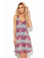 Dámske trapézové šaty s výstrihom a so vzorom ružovo-svetlo modrých mandál 377-1 Dámske trapézové šaty s výstrihom a so vzorom ružovo-svetlo modrých mandál 377-1