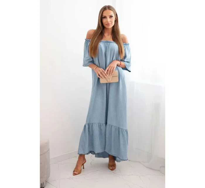 Dámské šaty s krátkým rukávem a volánky světlý denim