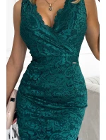 Zelené krajkové dámské midi šaty s přeloženým obálkovým výstřihem model 17911520 - numoco