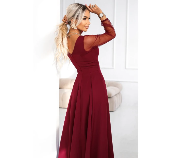 LORETTA dlouhé šaty s rukávy a výstřihem vínové model 21791769 - numoco