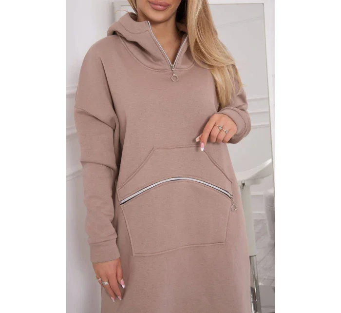 Zateplené šaty s kapucňou tmavo béžové