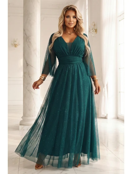 654-1 Dlhé lesklé plus size šaty s výstrihom a priehľadnými rukávmi - fľaškovo zelené 654-1 Dlhé lesklé plus size šaty s výstrihom a priehľadnými rukávmi - fľaškovo zelené