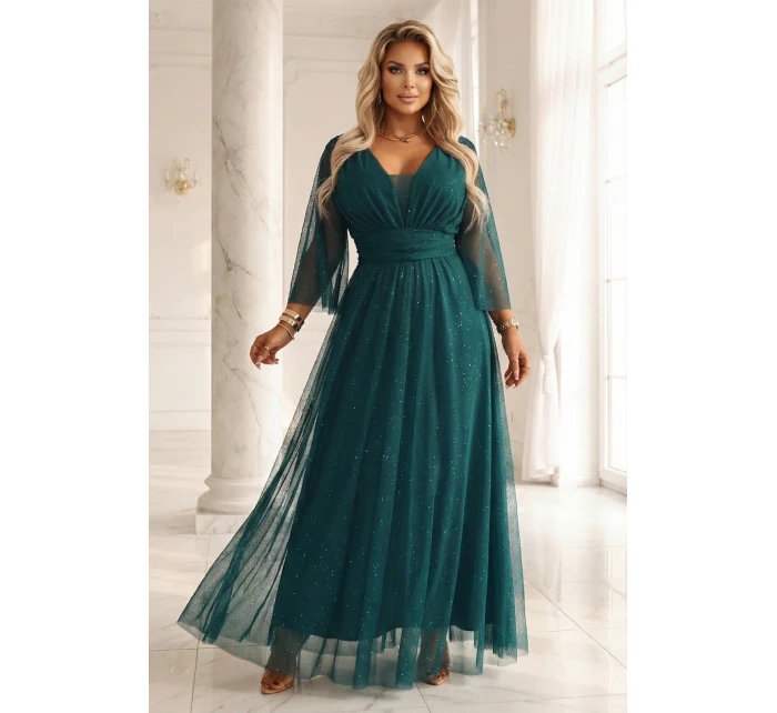 654-1 Dlhé lesklé plus size šaty s výstrihom a priehľadnými rukávmi - fľaškovo zelené 654-1 Dlhé lesklé plus size šaty s výstrihom a priehľadnými rukávmi - fľaškovo zelené
