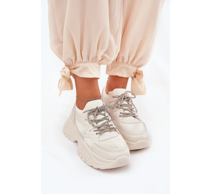 Dámské tenisky na platformě s ozdobným šněrováním béžové model 21690416 - Boto