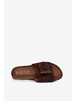 Kožené semišové dámské pantofle na platformě s ozdobným květinou Zazoo 40312 Hnědé