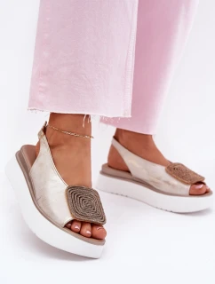 Zazoo 1786 Skórzane Sandały Damskie Na Platformie Z Ozdobą Złoty Przecierany