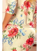 Dámske športové šaty s kapsičkami - béžový ľan a červené kvety 13-121 Dámske športové šaty s kapsičkami - béžový ľan a červené kvety 13-121