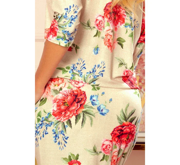 Dámske športové šaty s kapsičkami - béžový ľan a červené kvety 13-121 Dámske športové šaty s kapsičkami - béžový ľan a červené kvety 13-121