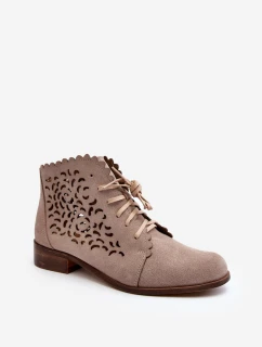 Zazoo 2871 Ażurowe Botki Damskie Sznurowane Beżowe