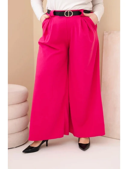Plus veľkosť dámske široké nohavice z viskózy s fuchsiovým pásom