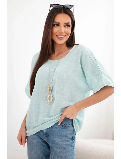 Dámská bavlněná oversize halenka s krátkým rukávem mentolová Dámská bavlněná oversize halenka s krátkým rukávem mentolová