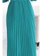 VIVIANA - Dámské plisované midi šaty v mořské barvě s výstřihem, dlouhými rukávy a širokým opaskem 504-6
