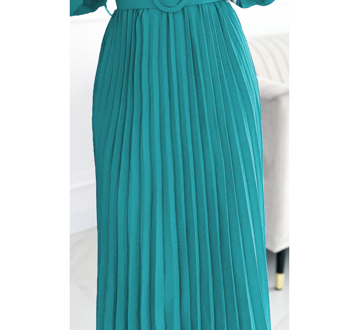 VIVIANA - Dámské plisované midi šaty v mořské barvě s výstřihem, dlouhými rukávy a širokým opaskem 504-6