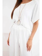 Dámska súprava z viskózy: blúzka s krátkym rukávom a široké nohavice ecru