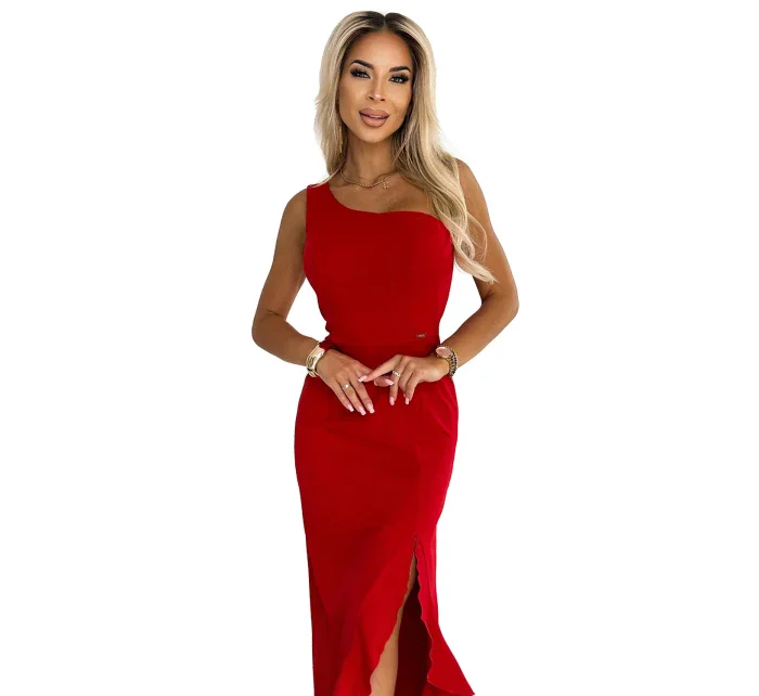 317-4 Dlhé šaty na jedno rameno s pruhmi - ČERVENÉ