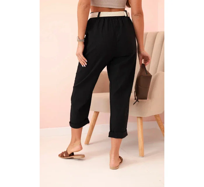 Dámské model 21035575 kalhoty s bavlnou a páskem černé - K-Fashion