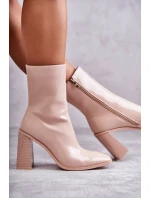 Damskie Lakierowane Botki Kozaki Beżowe Margit