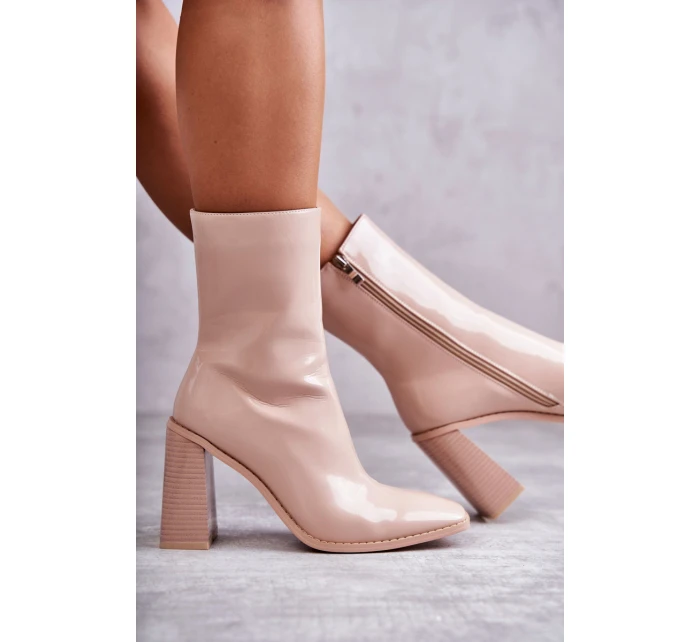 Damskie Lakierowane Botki Kozaki Beżowe Margit