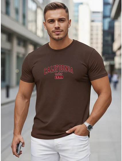 Pánske bavlnené tričko s potlačou „California“, hnedé, FashionStreet NX5140R