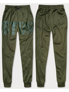 Pánske teplákové nohavice v khaki farbe s potlačou (8K191)